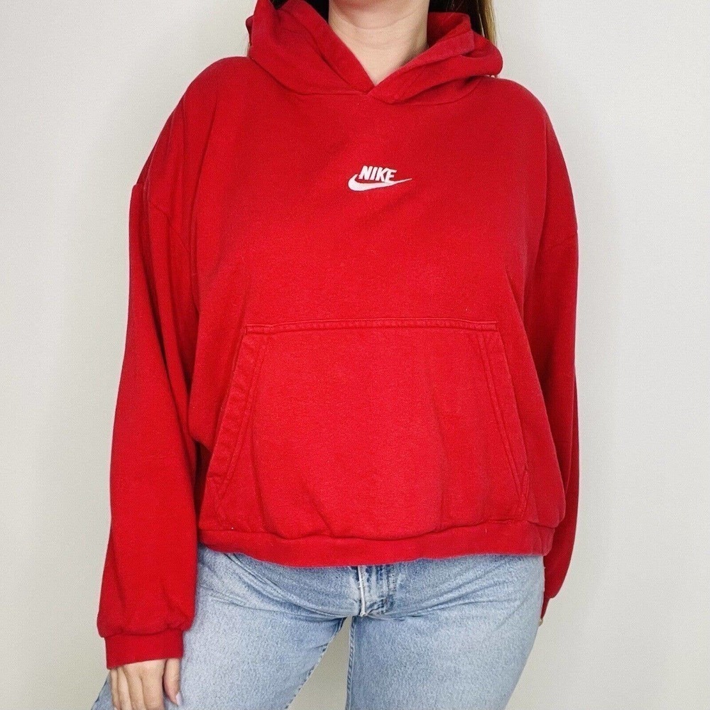 Vintage Y2K Red Nike Center Logo Swoosh Hoodie Sweatshirt Cropped XL Womens